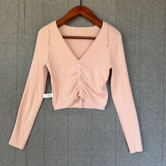Aerie AE Pink Ribbed Knit Rosette V Neck Long Sleeve Ruche Tie Crop Sweater - Picture 9 of 17